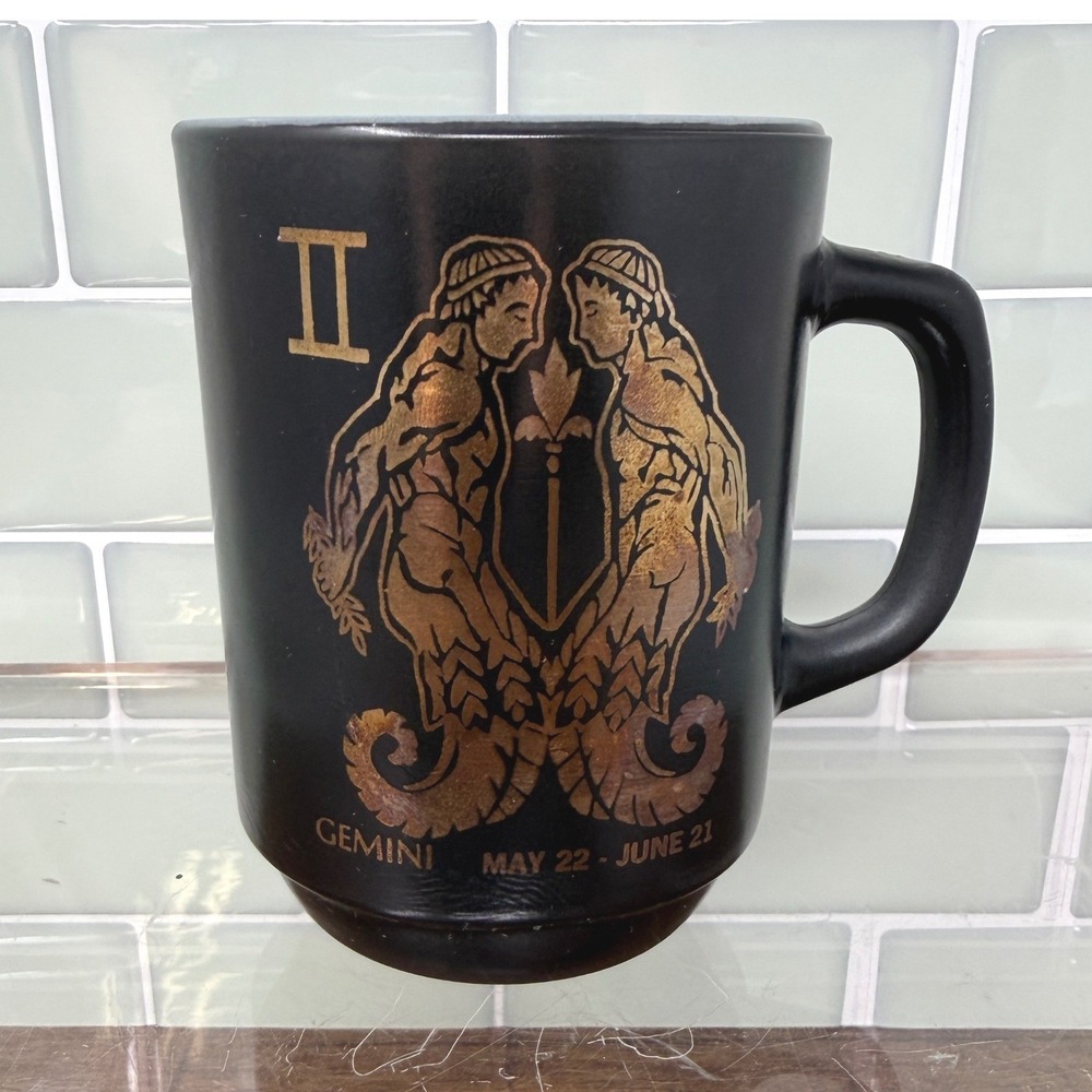 Vintage Anchor Hocking Gemini Zodiac Mug - Black Milk Glass Astrology 70s Cup